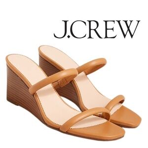 J.Crew, Tan Leather Double Strap Stacked Wedge Slide Sandals Size 8